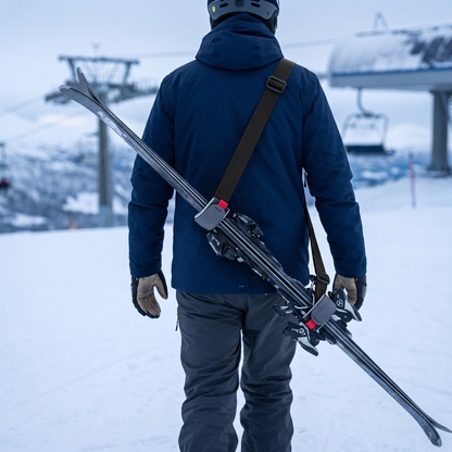 Skidåkare går mot liften med skidorna hängande handsfree på axeln via Slopesling