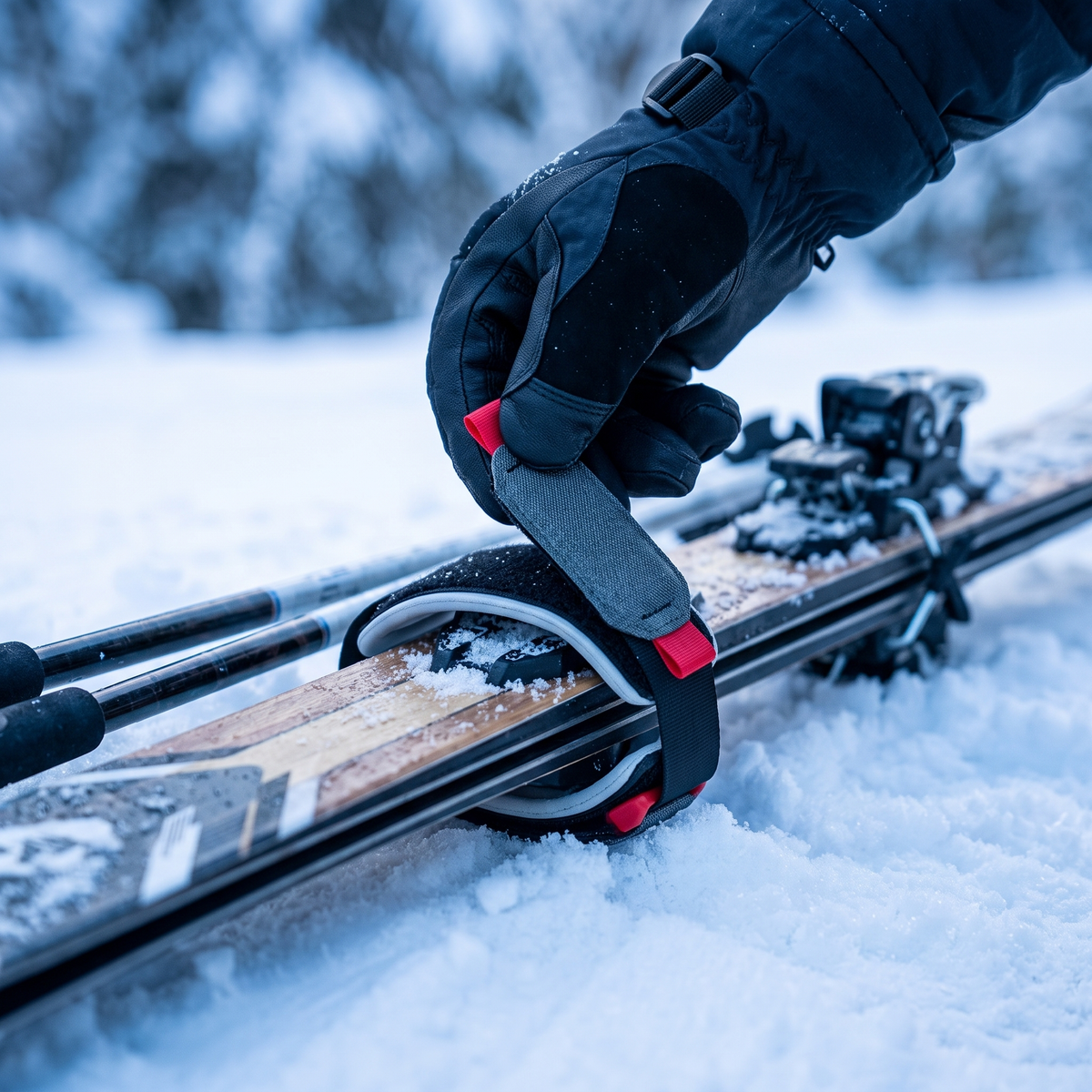 Närbild: hand drar den röda flärpen och spänner Slopeslings grå kardborre runt skidorna
