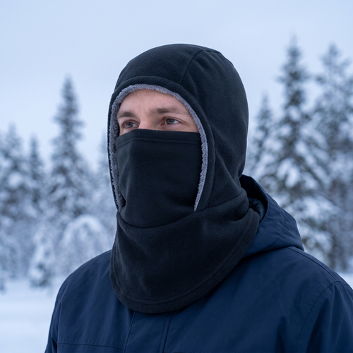 Coldguard balaclava i svart fleece, buren med masken uppe i snöigt fjällandskap