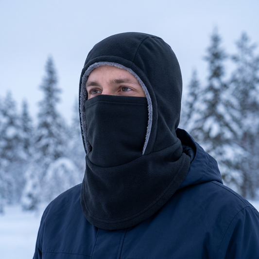 Coldguard balaclava i svart fleece, buren med masken uppe i snöigt fjällandskap