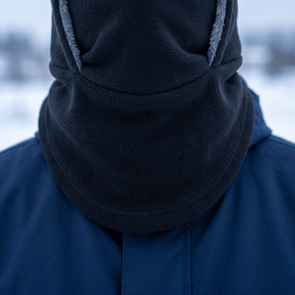 Närbild där Coldguards fleece går ner under jackkragen utan glipa