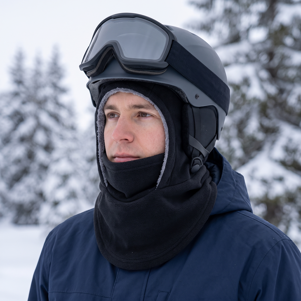Coldguard med huvan uppe och masken nedfälld under hakan