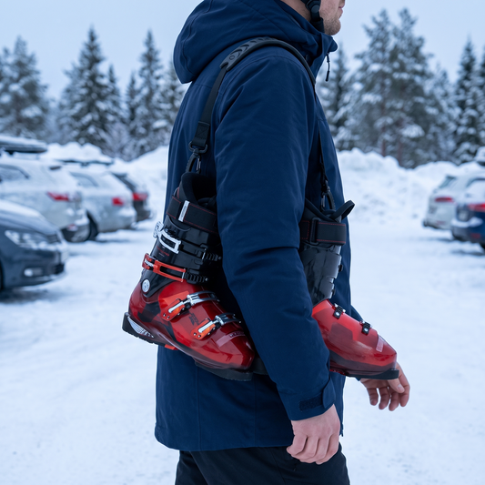 Bootsling över axeln med ett par pjäxor hängande mot kroppen, båda händerna fria